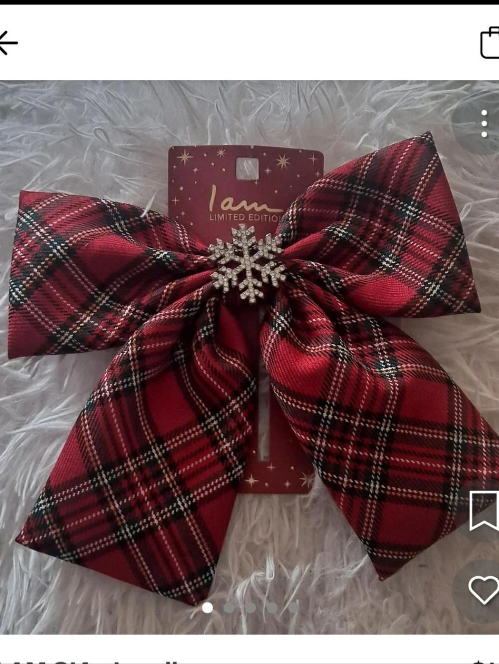 I AM Christmas Holiday Red Plaid Bow Barette Hair Clip Snowflake Barette